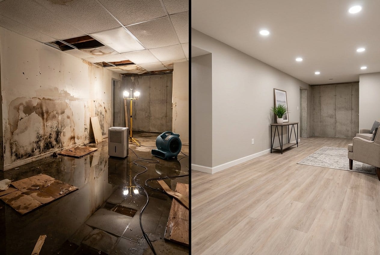Water Damage Restoration before and after in residential basement, Allendale NJ