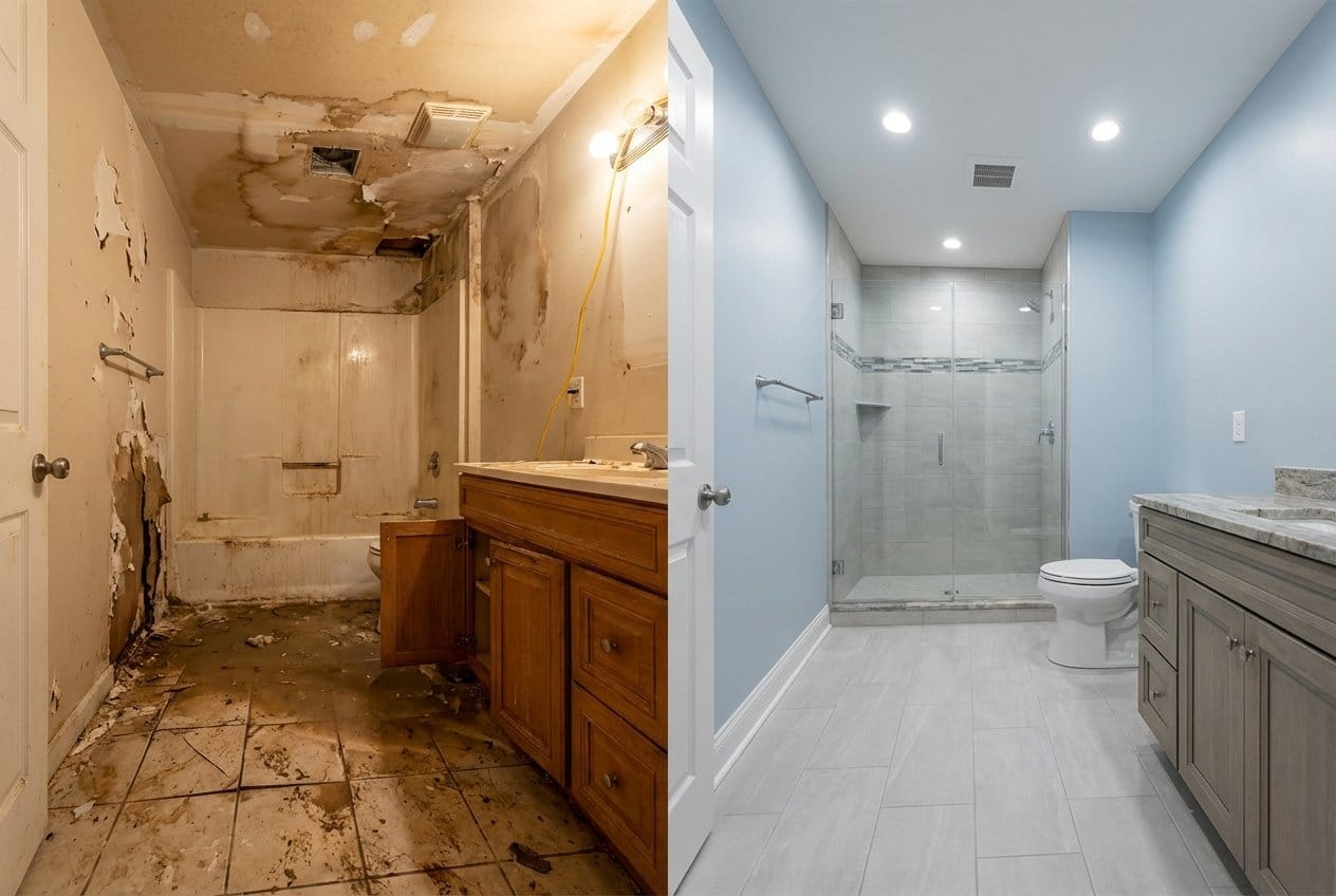 Before and after water damage restoration in Allendale split-level home bathroom