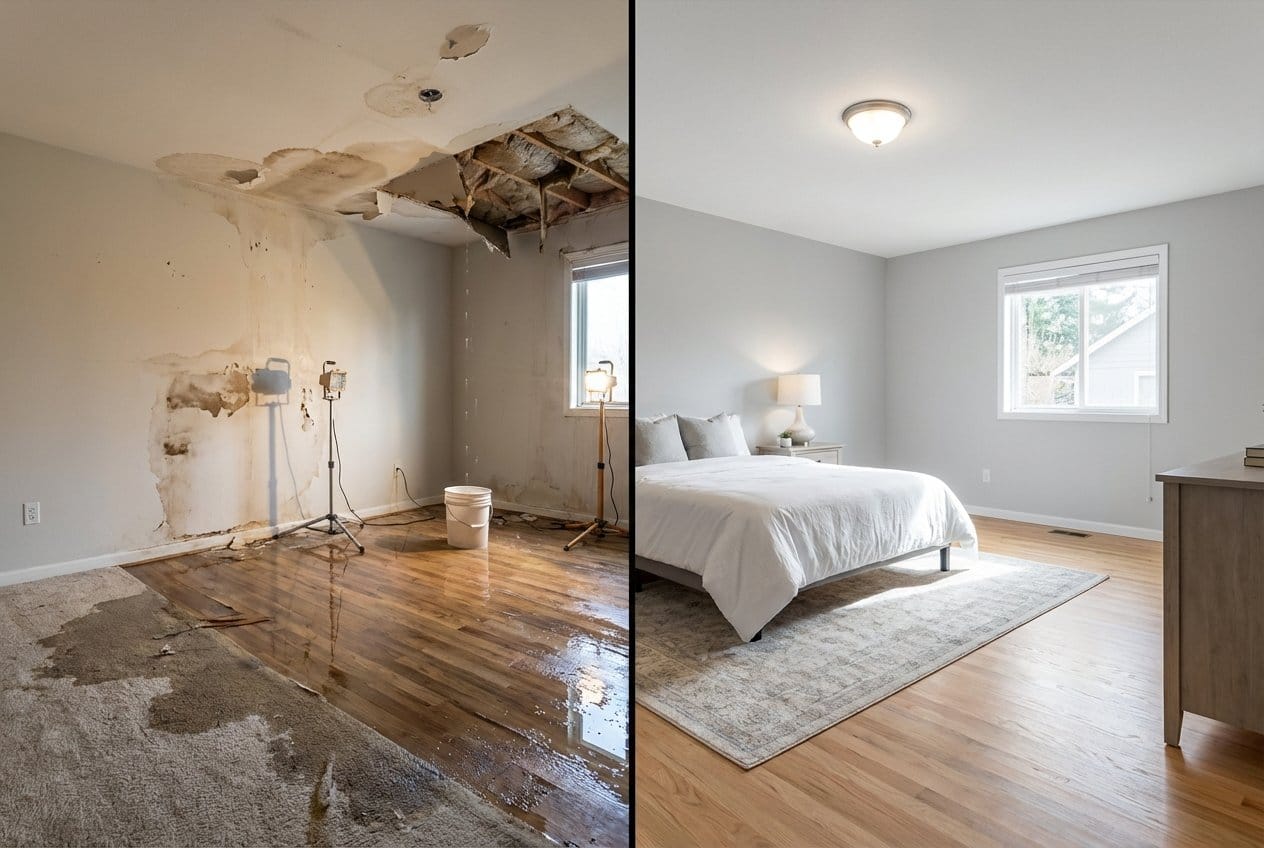 Before and after emergency water removal in Allendale two-story residence bedroom