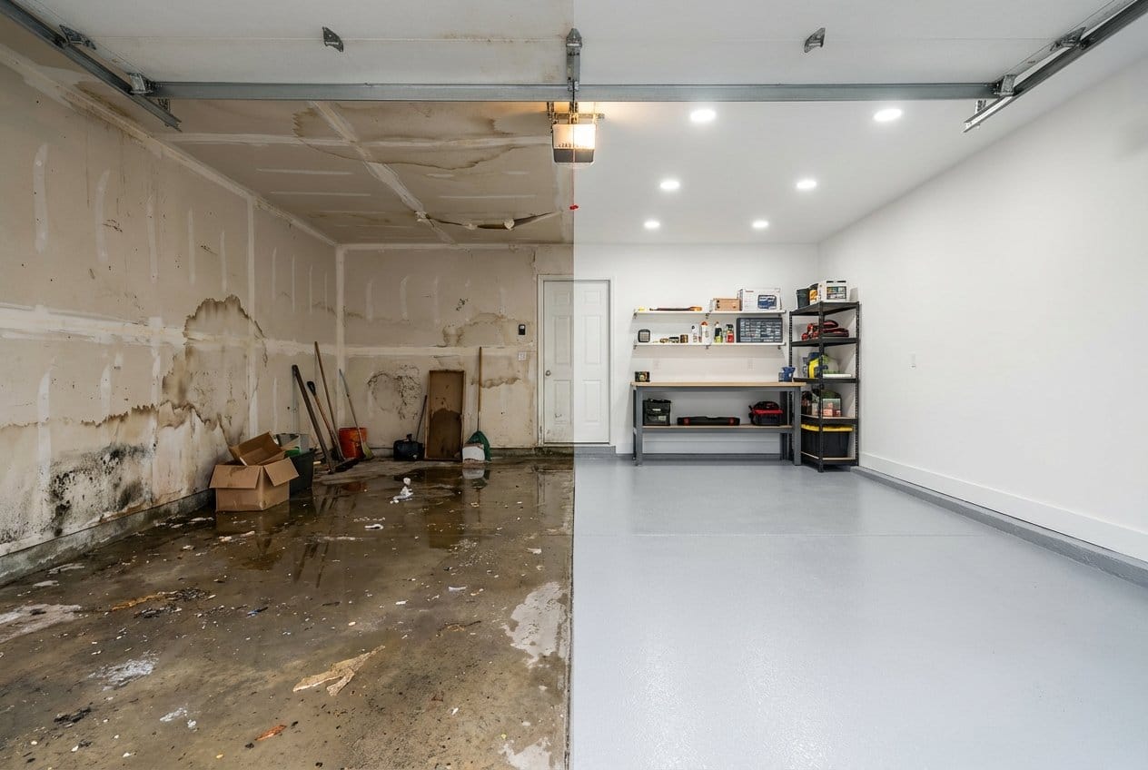 Basement Flood Cleanup before and after in garage, Allendale NJ