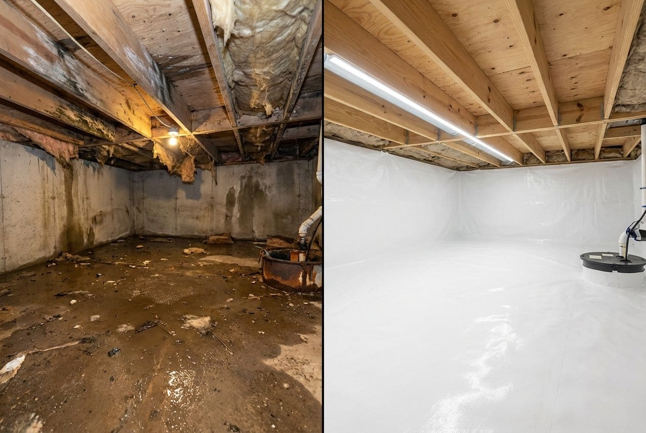Basement Flood Cleanup restoration — crawl space of multi-family property in Allendale, NJ
