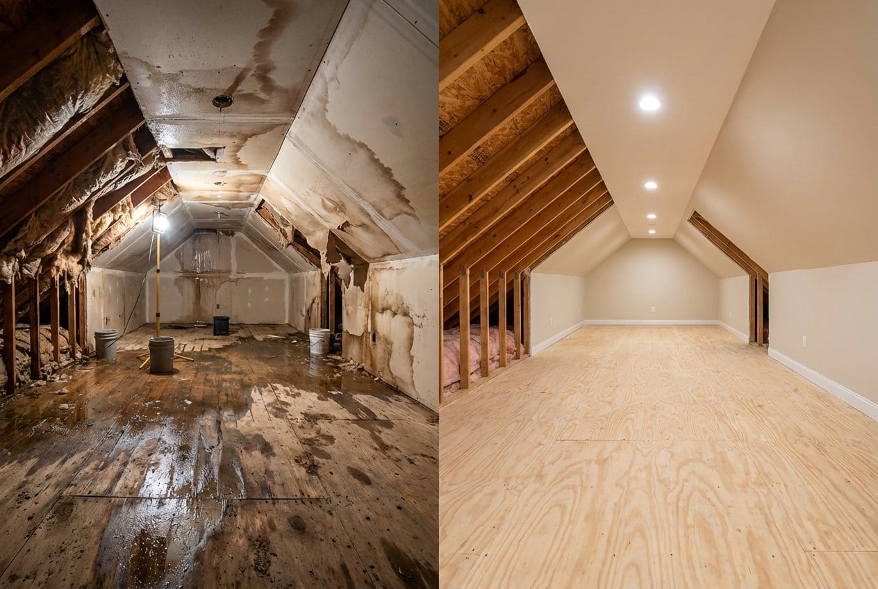 Before and after basement flood cleanup in Allendale commercial property attic space