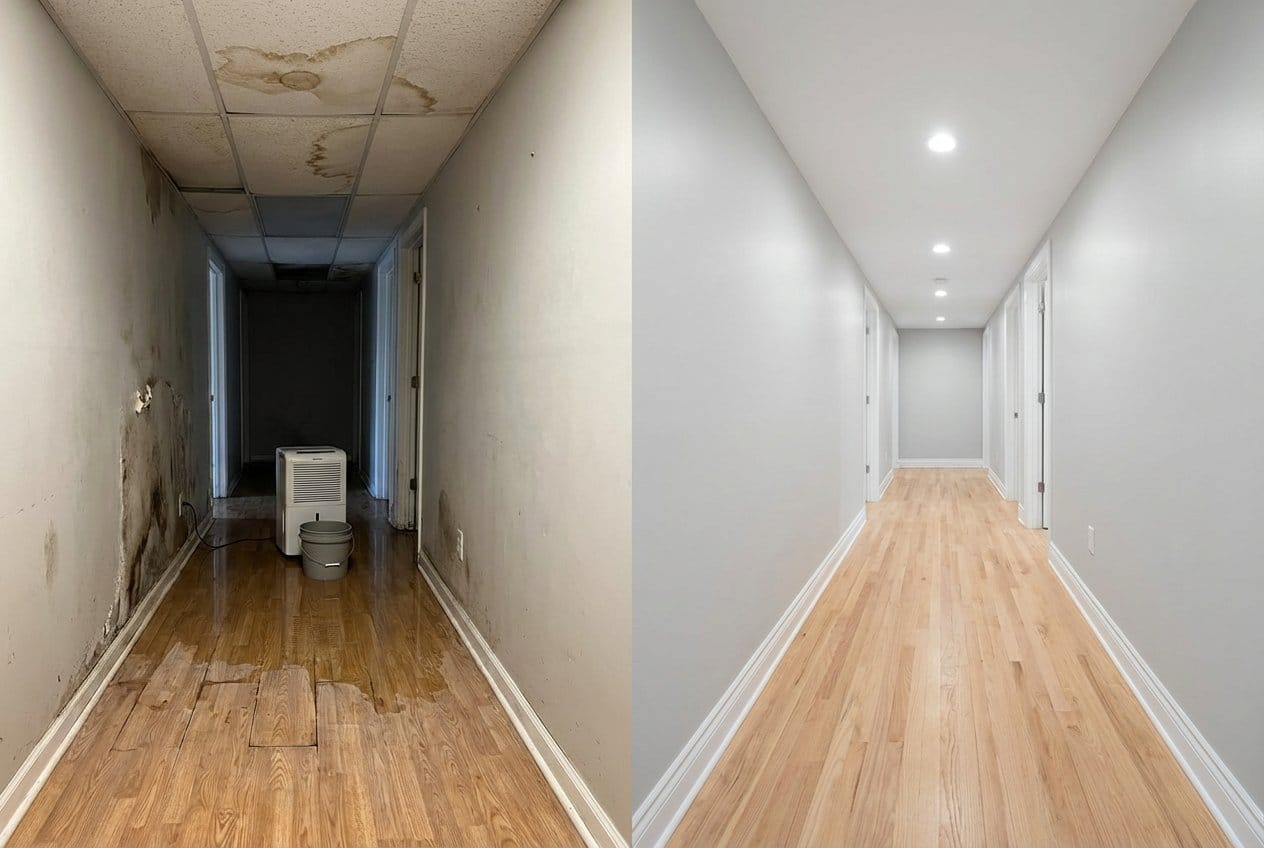 Burst Pipe & Plumbing Leak Damage before and after in hallway, Allendale NJ