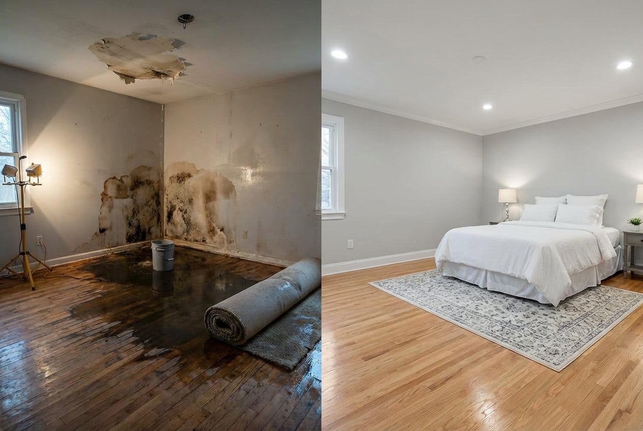 Before and after structural drying & dehumidification in Allendale bi-level home bedroom
