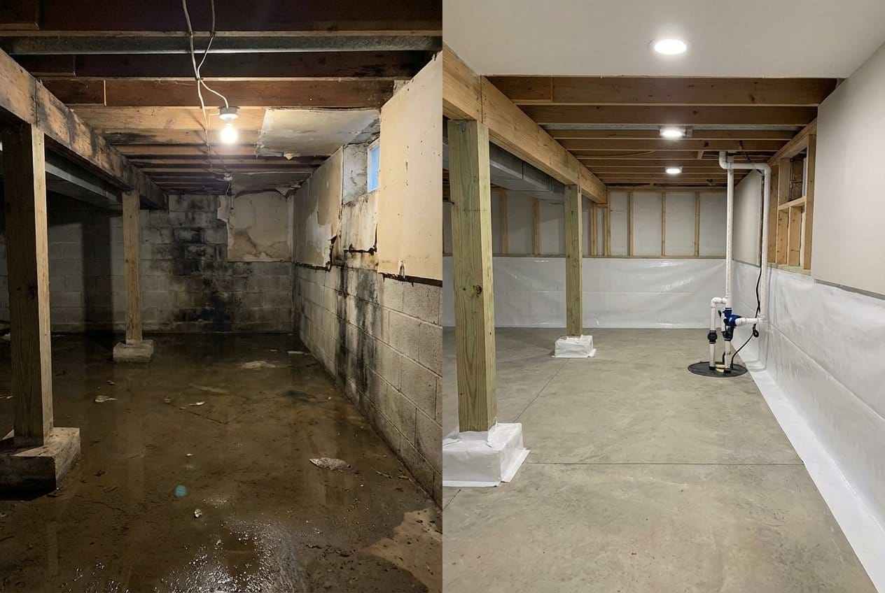 Carpet & Flooring Water Damage Cleanup restoration — crawl space of bungalow in Allendale, NJ