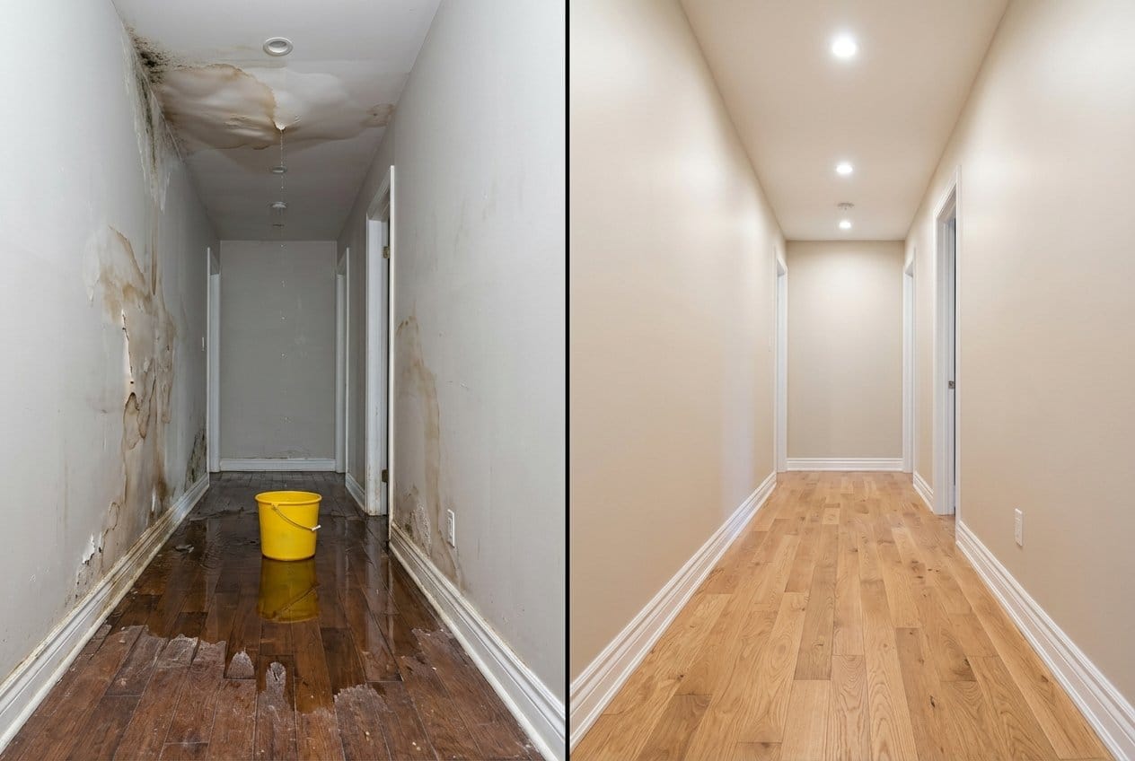Wall & Ceiling Dry-Out before and after in hallway, Allendale NJ