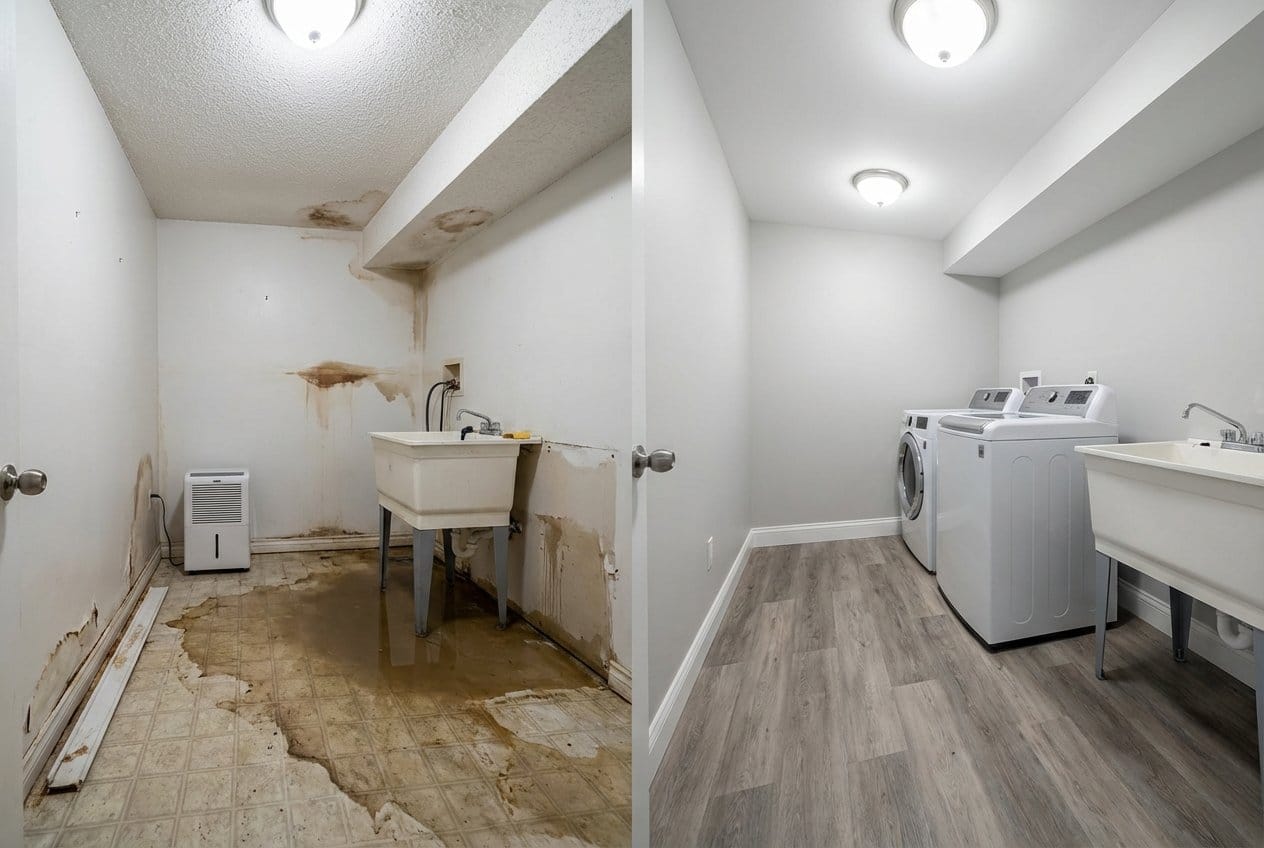 Wall & Ceiling Dry-Out restoration β laundry room of Cape Cod house in Allendale, NJ