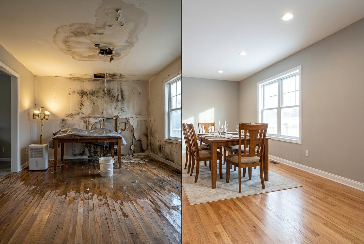 Before and after wall & ceiling dry-out in Allendale ranch-style home dining room