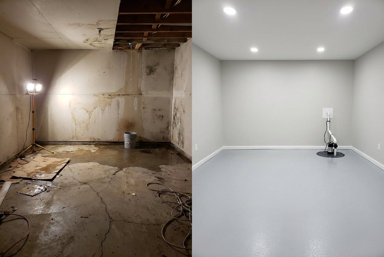 Content Drying & Property Cleanup before and after in finished basement, Allendale NJ