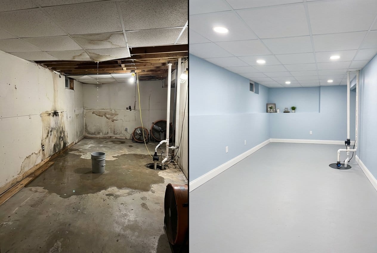 Mold Prevention After Water Damage before and after in residential basement, Allendale NJ